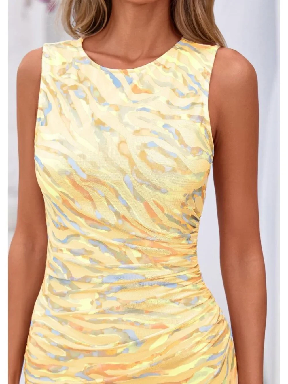 Women Floral Yellow  Polyester Elastane Mesh Sleeveless Bodycon Long Maxi Dress